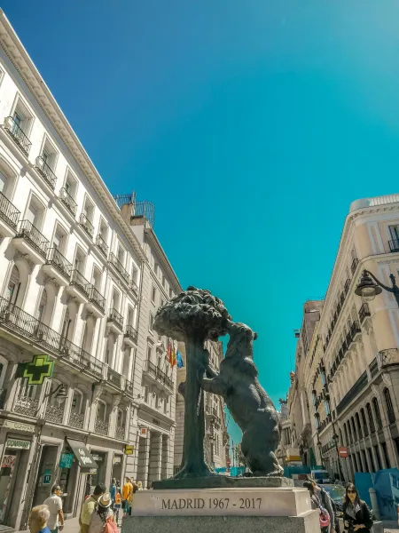 Iconic Bear and Madroño statue in Madrid, Spain.