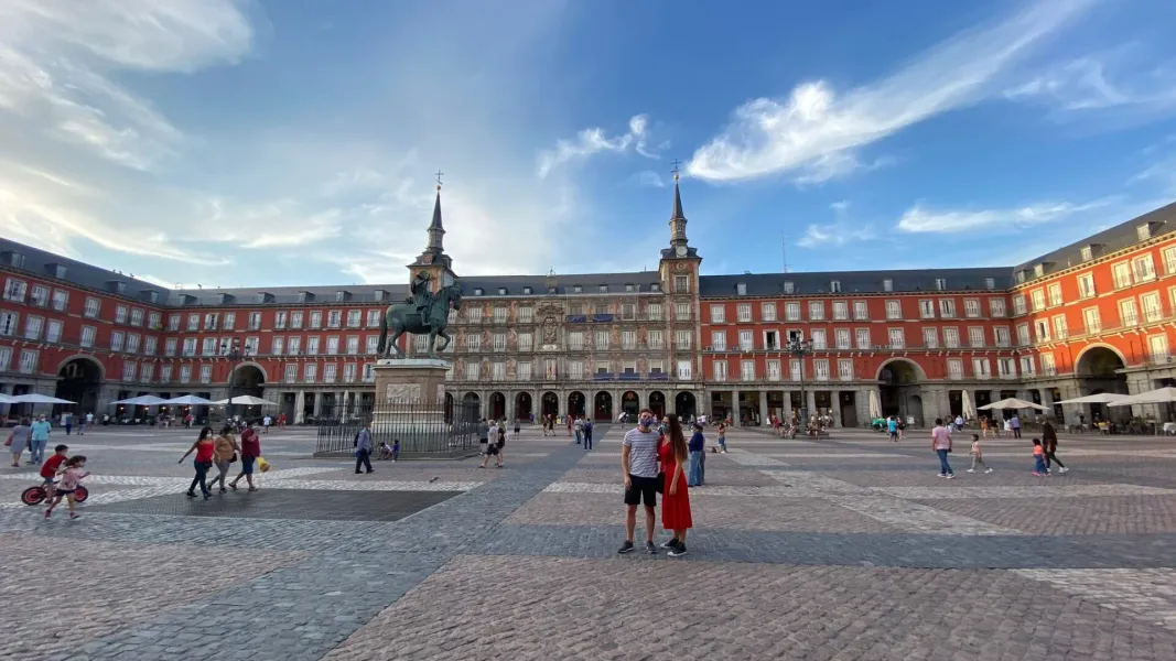Plaza Mayor in Madrid with tourists.