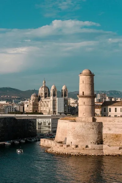 Marseille's stunning waterfront, featuring Saint-Jean Castle and the Cathedral.
