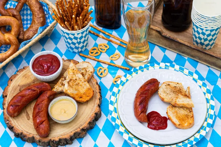 Delicious Bavarian food in Munich: sausages, pretzels, and beer.