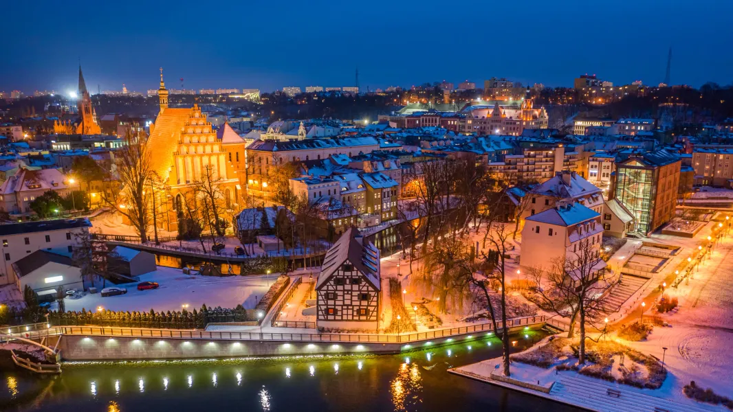 Enchanting winter night view of Ostróda, Poland.