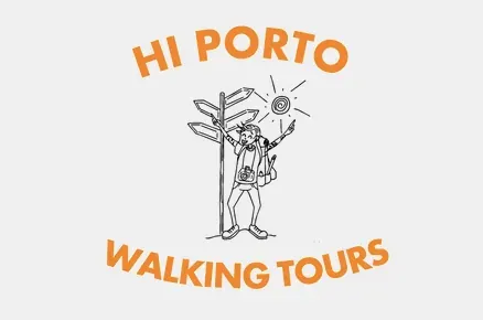 Logo for Hi Porto Walking Tours: A tourist stands joyfully by a signpost in Porto.