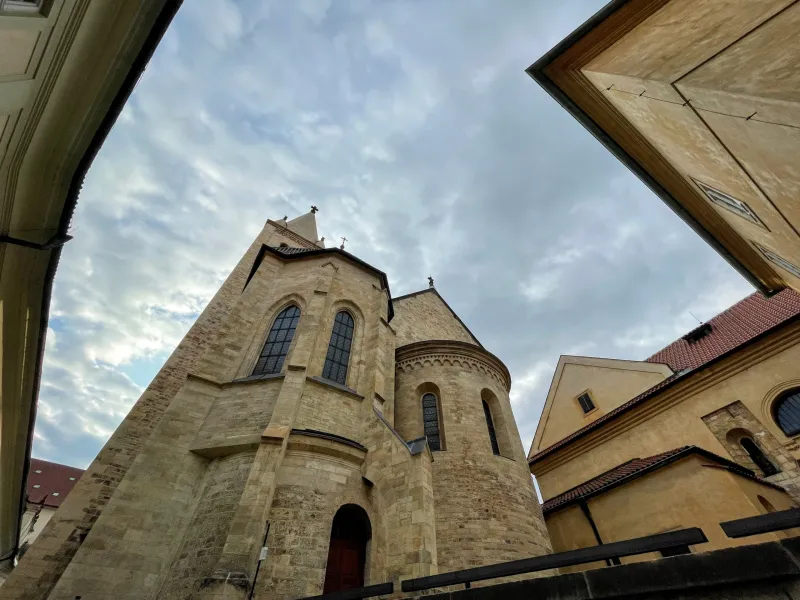 Low-angle view of a historic church in Prague.
