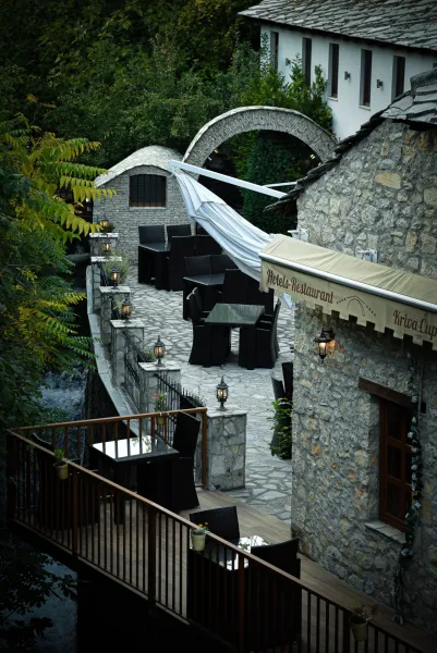 Serene patio at Kriva Cup Hotel & Restaurant in Prizren, Kosovo.