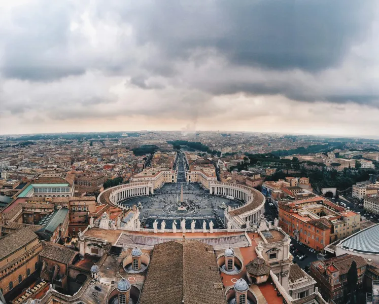Aerial view of St. Peter's Square and Basilica in Vatican City, Rome.