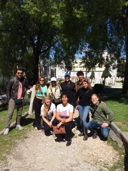 A group of tourists on a city tour in Sarajevo, Bosnia and Herzegovina.