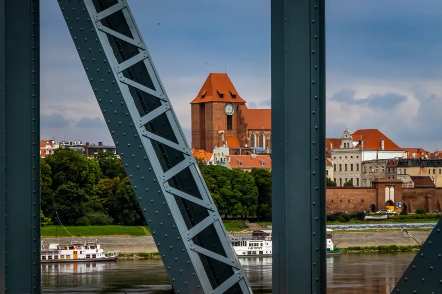 View of Toruń's Old Town and Cathedral from a bridge.