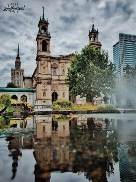 The Church of St. Alexander in Warsaw reflected in a fountain.