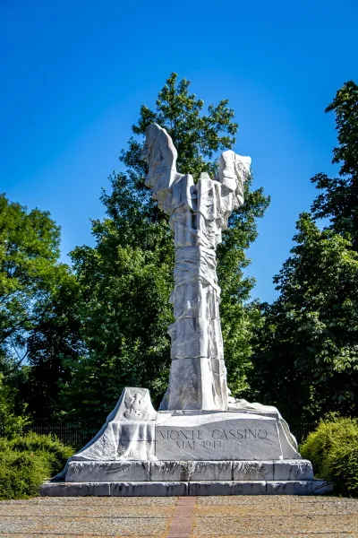 The Monte Cassino monument in Warsaw, Poland, a striking sculpture commemorating the Battle of Monte Cassino.