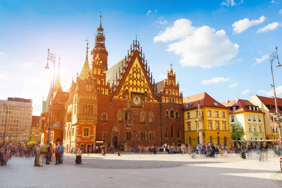 Bustling Wrocław Old Town Hall square.