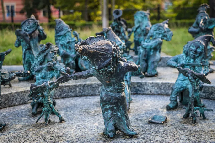 Close-up of the whimsical Wrocław Dwarves sculptures.