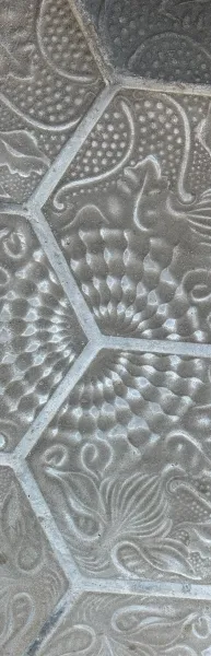 Close-up of a grey decorative hexagonal street tile with organic patterns, scales, and dots.