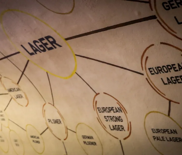 A close-up of a chart showing different types of lager beer, including European and American varieties.