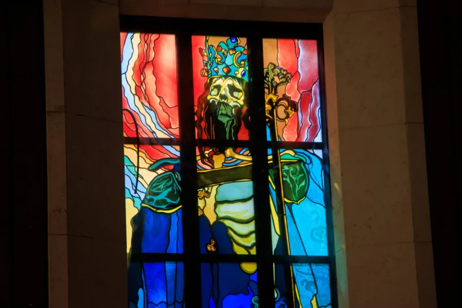 Stained glass window of a king in Krakow.