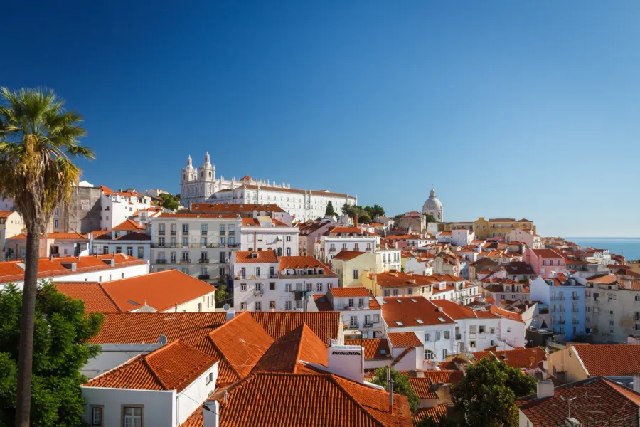 Red tile roofs of Lisbon's Alfama district with the white São Vicente de Fora Monastery under a clear blue sky.