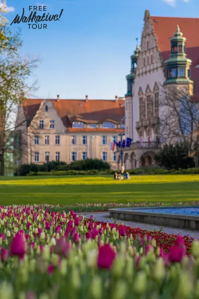 Collegium Minus building with a red roof and turrets, a green lawn with purple and white tulips in the foreground.