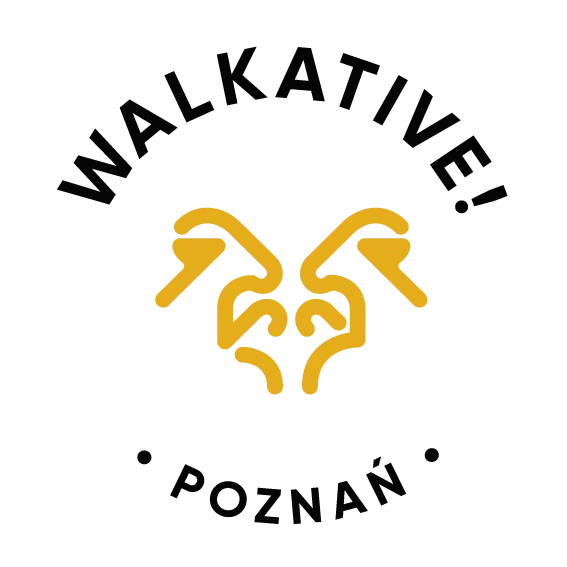 Walkative logo with stylized yellow abstract heart shape and black text 'WALKATIVE' above, 'POZNAN' below.