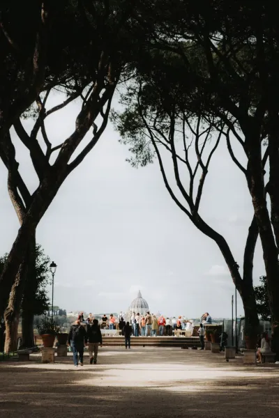Tourists gathered at a park viewpoint, with tall umbrella pine trees framing a view of St. Peter's Basilica dome in Rome.