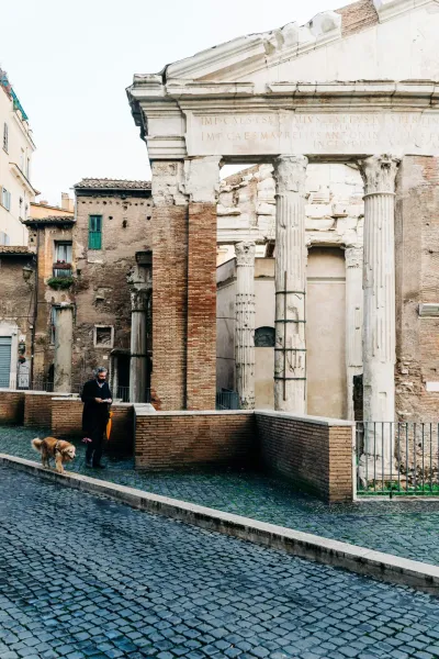 Man walking a golden retriever on a wet cobblestone street past ancient Roman ruins with tall columns and Latin inscriptions.