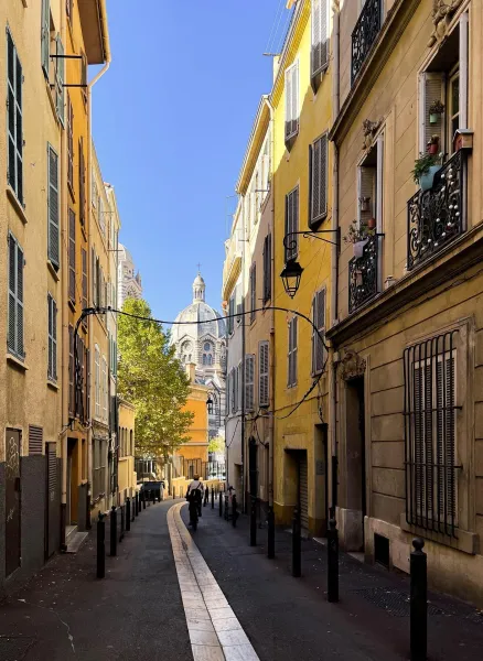 Charming street view in Marseille leading to the cathedral.