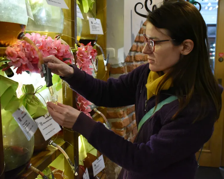 Woman pouring traditional Polish liqueur from a glass dispenser into a tasting glass in a Krakow shop.
