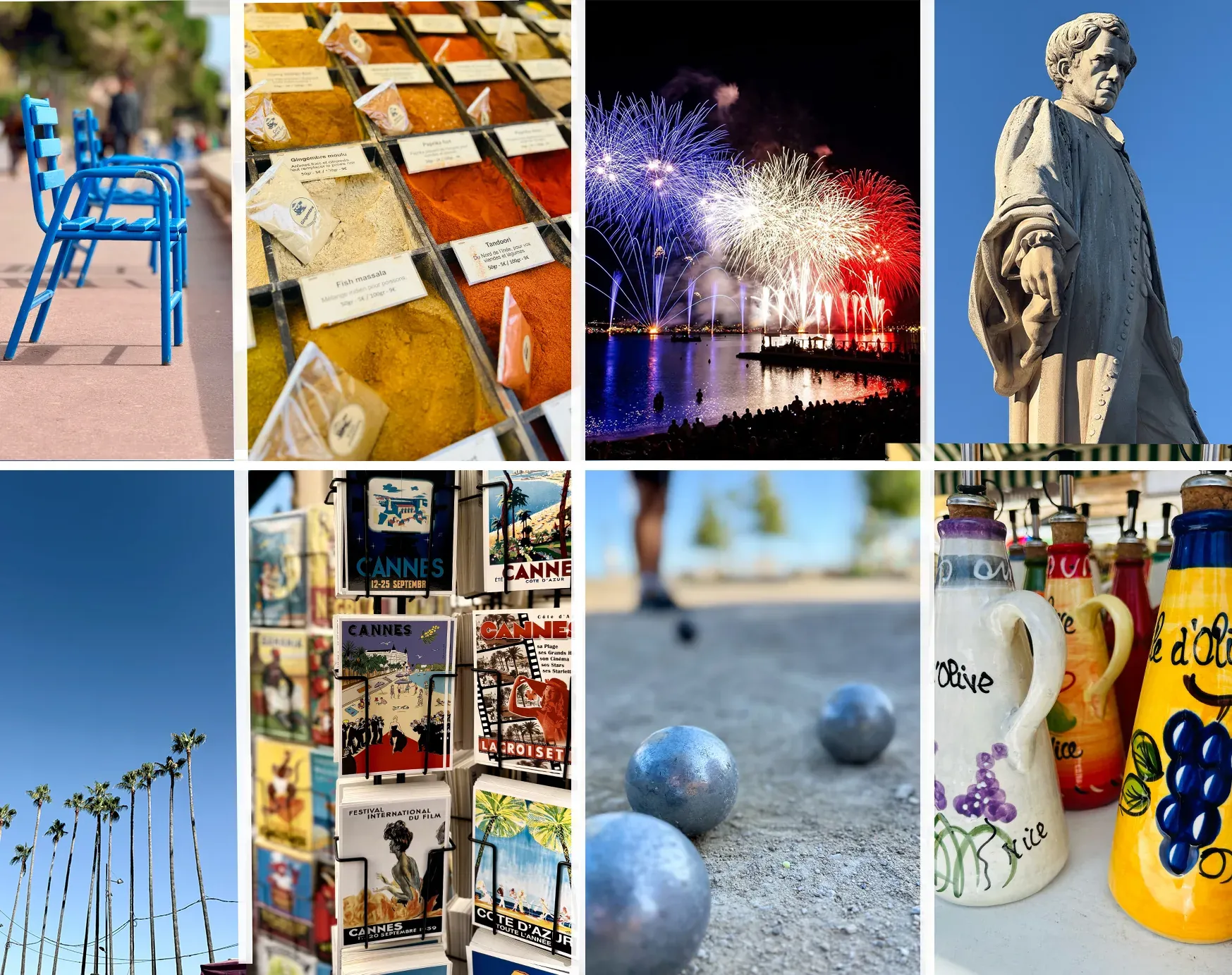 Collage of Cannes scenes: blue chairs, spices, fireworks, statue, palm trees, postcards, pétanque, and olive oil bottles.