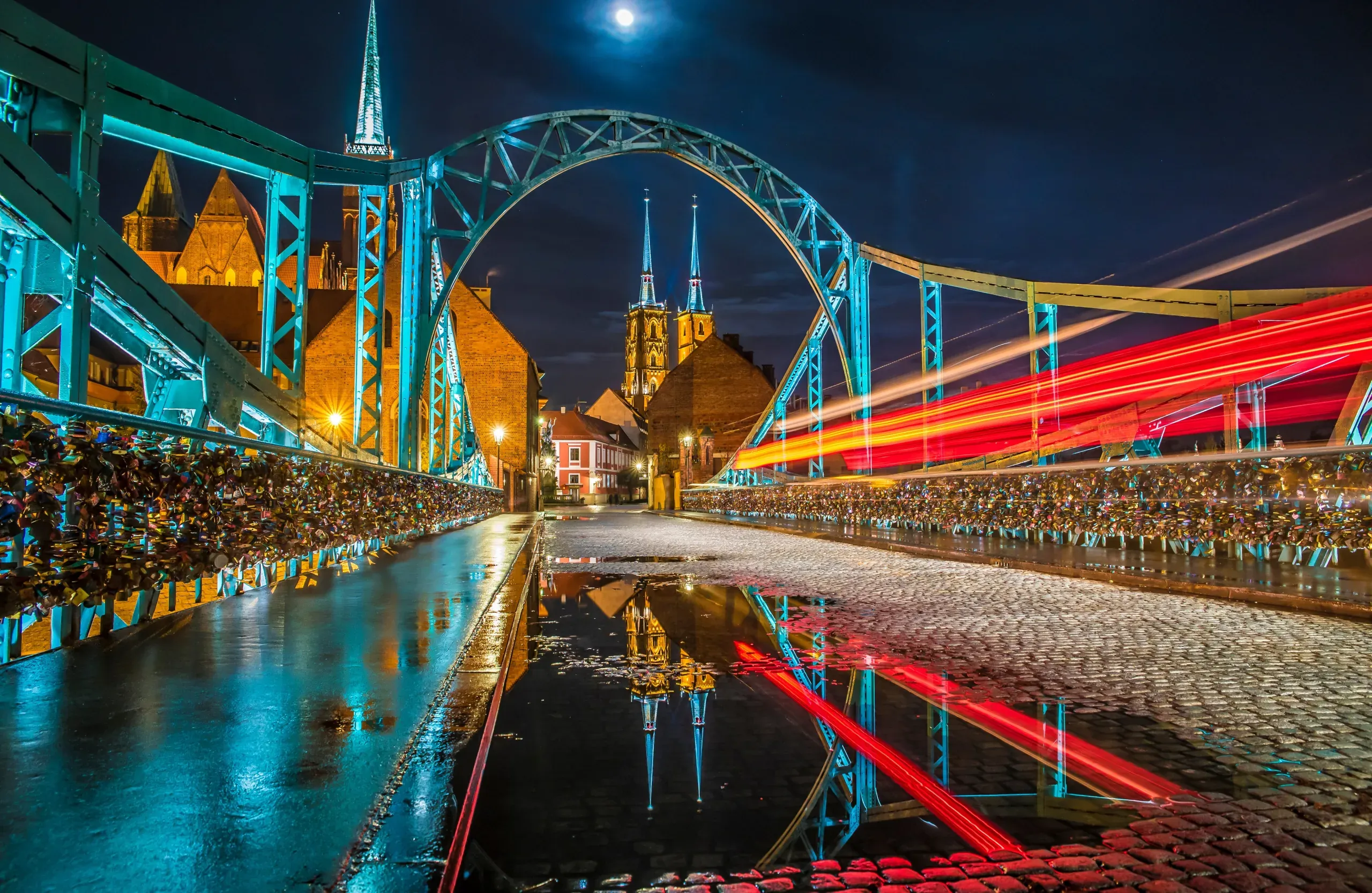 Tumski Bridge at night in Wroclaw, Poland.