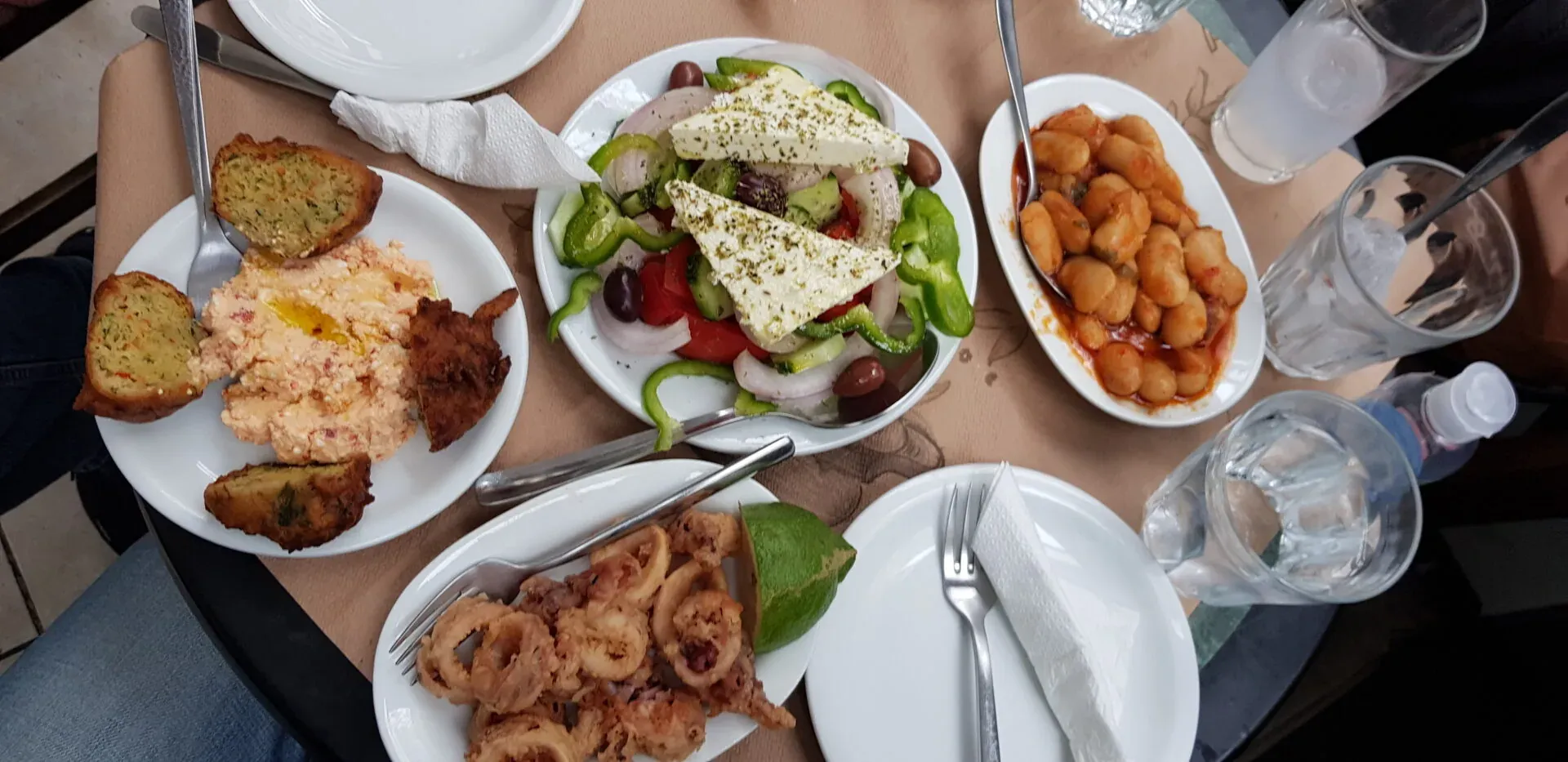 Delicious Greek food on a table in Athens.