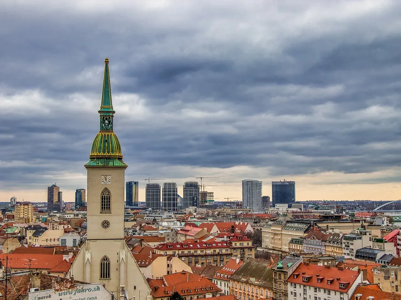 Panoramic view of Bratislava, Slovakia, featuring St. Martin's Cathedral.