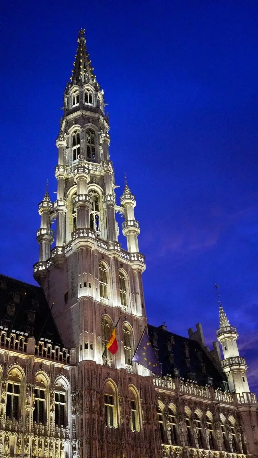 Brussels Town Hall at night, illuminated against the dark sky.