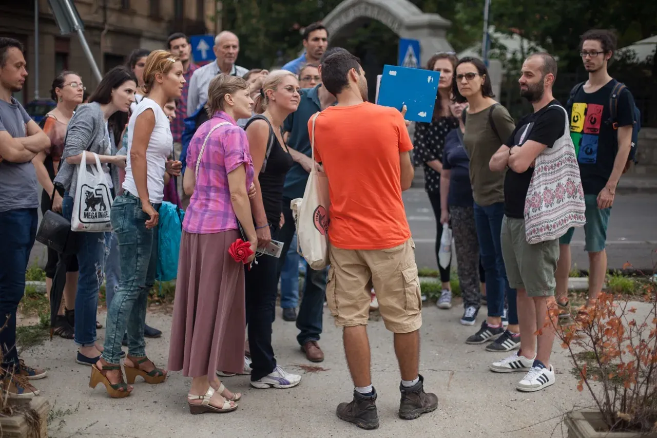 A guided walking tour in Bucharest, Romania.