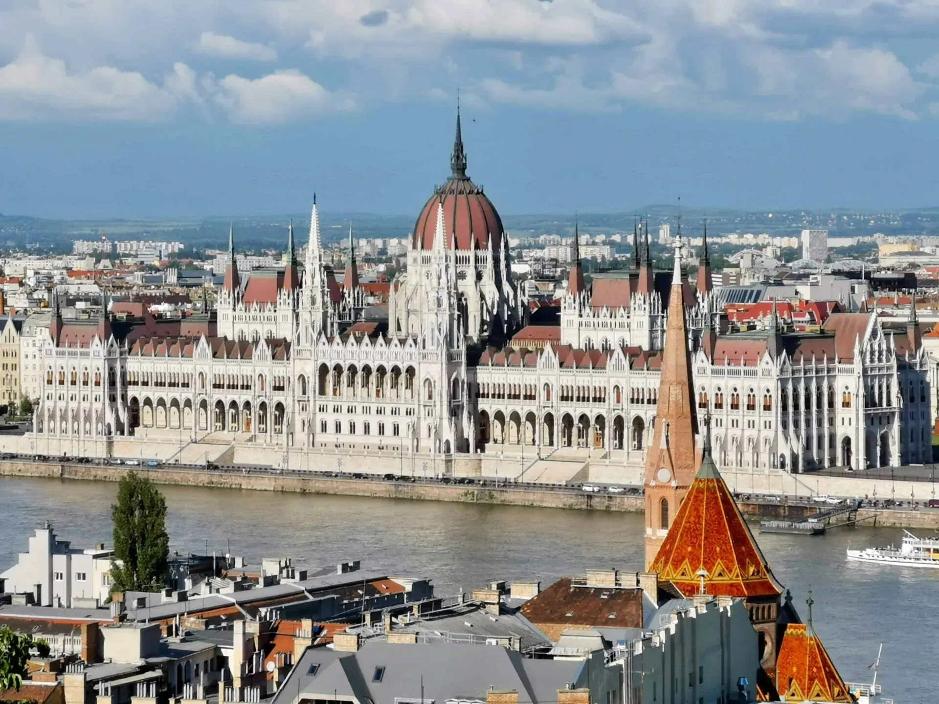 Panoramic view of the Hungarian Parliament Building in Budapest.