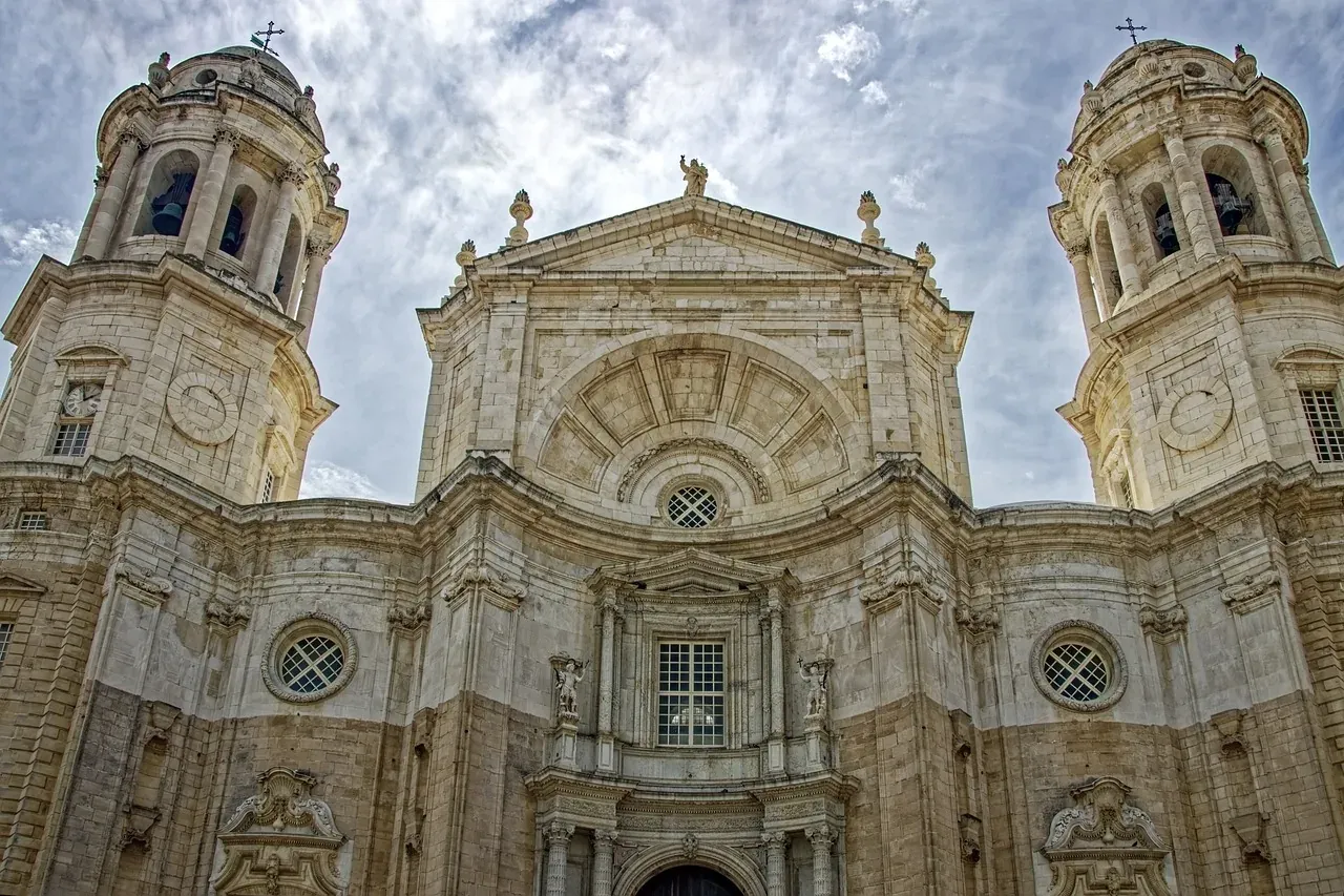 The impressive facade of Cádiz Cathedral in Spain.