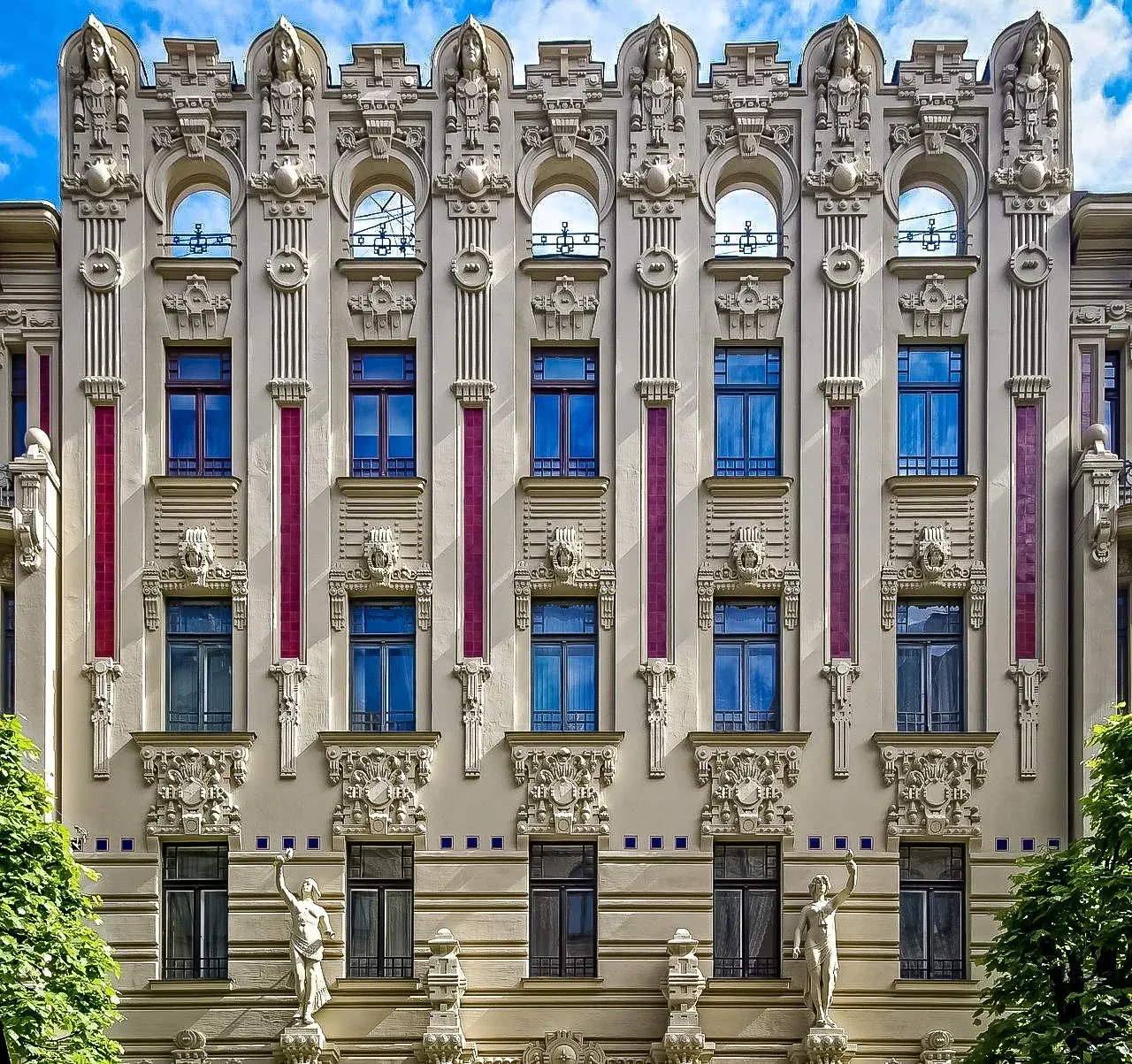 Intricate facade of a Riga Art Nouveau building.