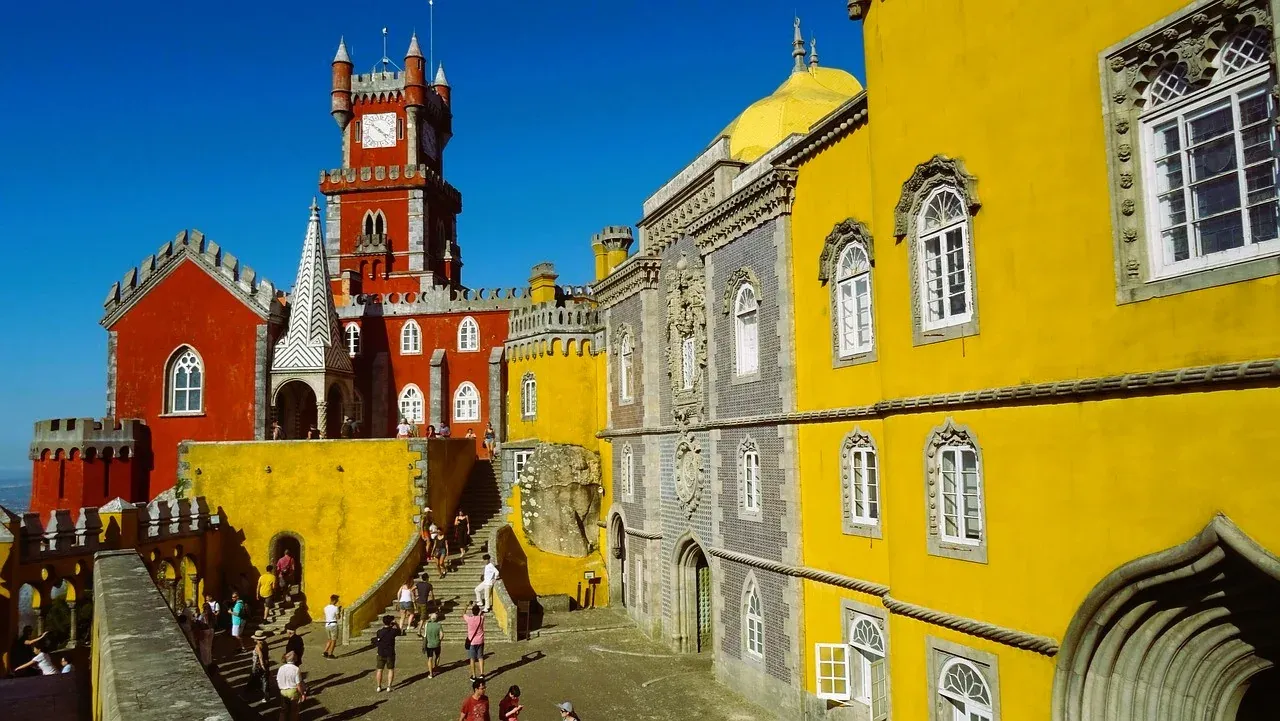 Pena Palace in Sintra with tourists.