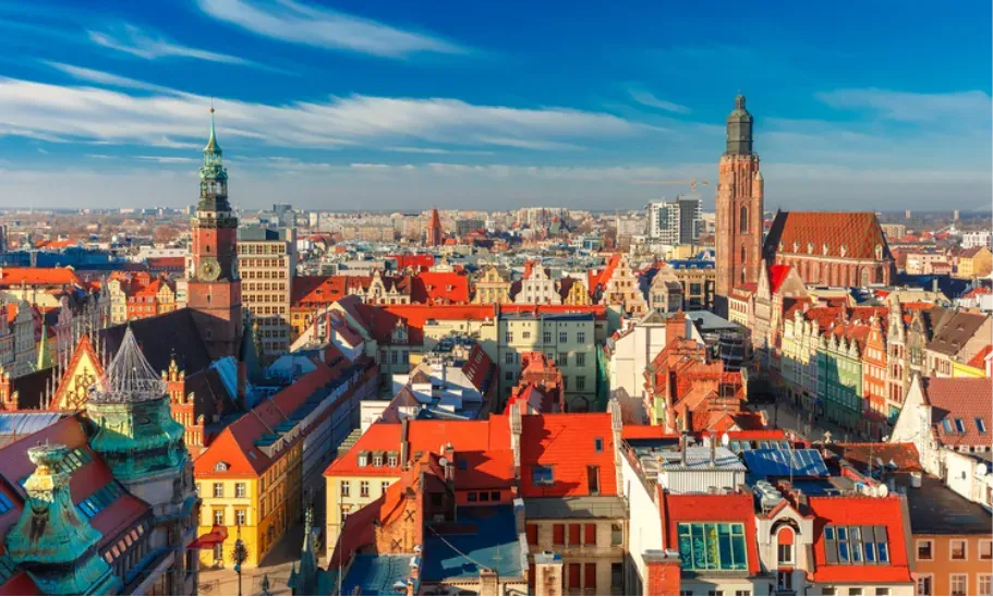 Panoramic view of Wrocław's Old Town, showcasing its colorful architecture and iconic landmarks.