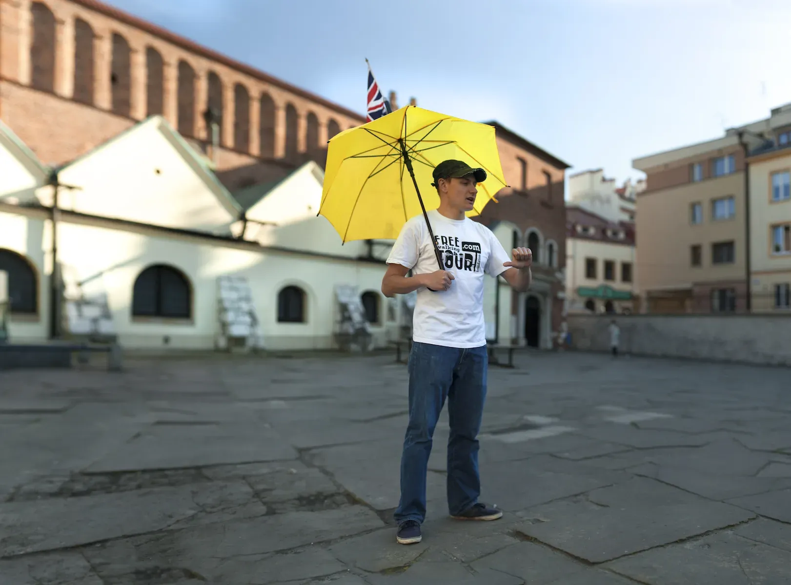 A tour guide in Krakow, Poland, leads a walking tour.