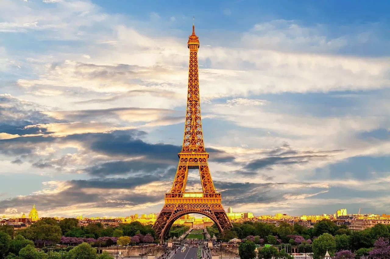 The Eiffel Tower at sunset in Paris.