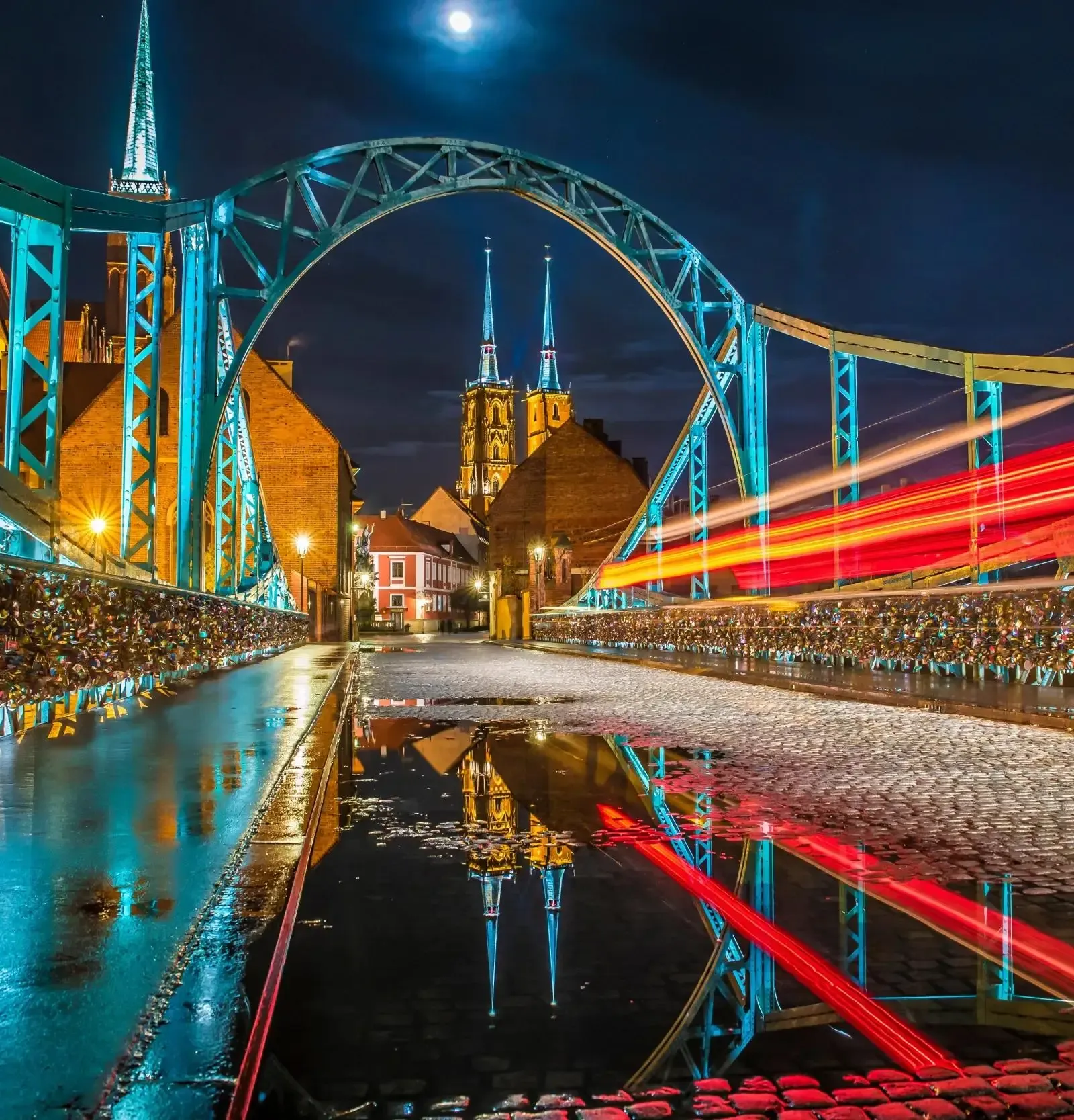 Tumski Bridge at night in Wroclaw, Poland.